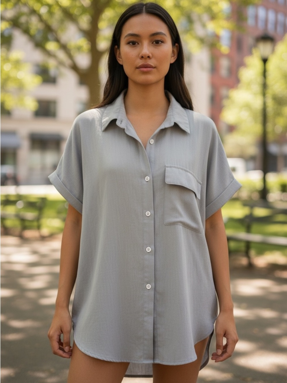 Relaxed Short-Sleeve Button-Down Shirt - Light Gray